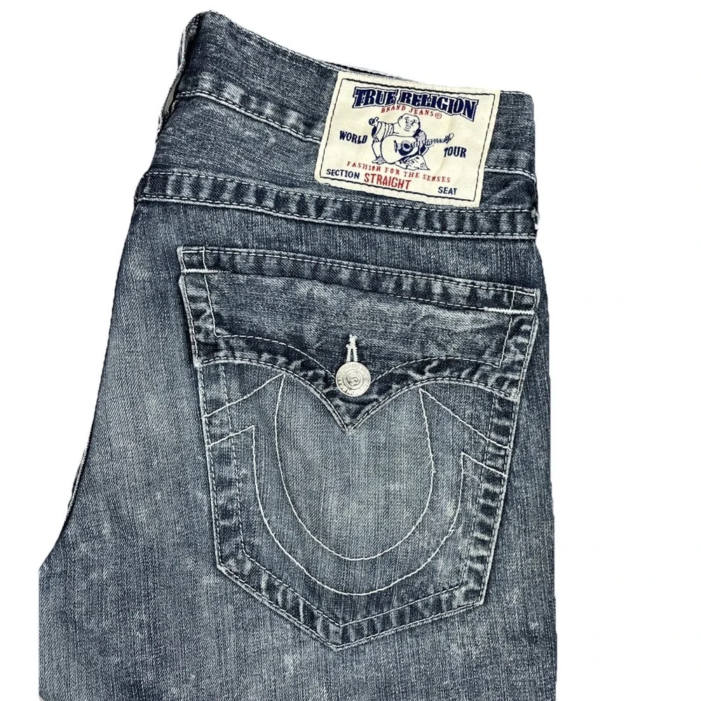 True Religion Jeans Mens 33 Straight Fit Flap Pocket Medium Acid Wash Blue Denim